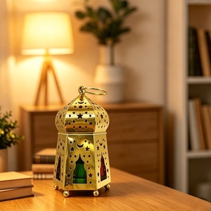 Charming <b>Gold</b> Moroccan <b>Lantern</b> with Color Glass Panels Star Moon Cutwork Candle Holder for Ramadan Home Table Decor - Product Image 3