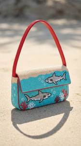 Sac à bandoulière fait main à motif crabe, orné de perles et de paillettes, avec fermeture éclair et pompon, thème plage, vie marine, pour femme - Product Image 2
