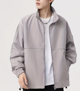 Men's Gray Racer Jacket Solid Color Zipper Closure Stand Collar Casual Windproof Polyester Autumn Wear - Product Image 1