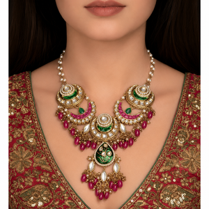 Designer Polki Look Silver Plated Crystal Rhinestone Necklace Earrings Set Trendy Elegant Bead Accents Wedding Engagement <b>Gift</b> - Product Image 4