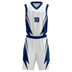 Conjunto de Uniforme de Baloncesto Sublimado Personalizado, Blanco y Azul Marino, Cuello en V, Sin Mangas, Absorbente de Humedad, con Número - Product Image 2