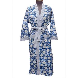 Magnifique Robe Kimono pour Femme, Artisanat en Blocs de Bois d'Inde, Motif Floral, Respirante, Longue, Col en V, 100% Coton, Manches Longues, Ceinture, Séchage Rapide - Product Image 1