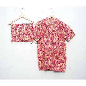 Conjunto de pijama de algodón 100% hecho a mano en India, transpirable, estampado a mano, estilo vintage, ropa de dormir corta para mujer. - Product Image 4
