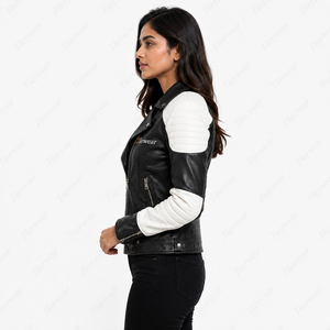 Veste moto en cuir véritable pour femme Tlierwear, noir et blanc contrasté, fermeture éclair sur le devant, col rabattu, manches longues, style automne - Product Image 4
