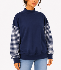 Wholesale Custom Women's Gingham Letter Applique <b>Mock</b> <b>Neck</b> Sweatshirt Patchwork Sleeve Loose Drop Shoulder <b>Top</b> - Product Image 3