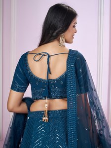 Blue Sequin Embroidered Wedding Lehenga Choli <b>Net</b> Dupatta Women Party <b>Dress</b> - Product Image 5