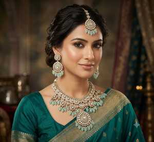 Wholesale <b>Prime</b> Polki Kundan Choker Necklace Set with Earrings and Maang Tikka Bridal Wedding Party Wear Gold Plated Jewelry - Product Image 2