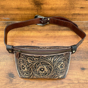 Tooled <b>Leather</b> Fanny Packs for Women's Wholesale Cowhide <b>Leather</b> Vintage <b>Bum</b> <b>Bag</b> Western Brown Floral Pattern <b>Leather</b> Belt <b>Bag</b> - Product Image 2