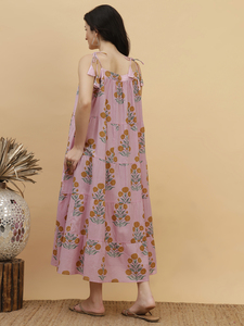 Floral Print <b>Boho</b> Midi <b>Dress</b> Sleeveless A-Line Loose Fit Cotton Bamboo Fiber <b>Summer</b> Casual <b>Dress</b> With Tiered Hem - Product Image 3