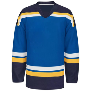 Camiseta de Hockey sobre Hielo para Hombre, Azul, Blanco y Naranja, Impresión por Transferencia de Calor, Absorbe la Humedad, Manga Corta, Cuello de Béisbol, Poliéster y Algodón - Product Image 6