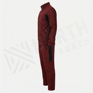 Men's <b>Maroon</b> Geometric Print Tracksuit Full Zip Stand Collar Casual Sportswear With Side Pockets Polyester Fabric Autumn Wear - Product Image 3