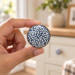 SHUBHAM Blue White Ceramic Cabinet <b>Knob</b> with Botanical Leaf Design <b>Silver</b> Metal Base Decorative <b>Drawer</b> Dresser Wardrobe - Product Image 2