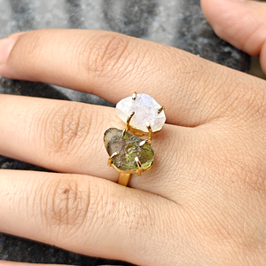 Raw Look Moonstone and Moldavite Double Stone Brass <b>Ring</b> 18k Gold Plated Prong Set <b>Adjustable</b> <b>Size</b> Daily Wear Unisex Jewelry - Product Image 2