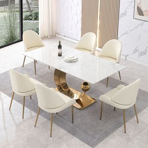 Set sala da pranzo da 71 pollici con Base a piedistallo in acciaio al carbonio bianco Carrara 6 pz sedie con tavolo e sedie in pietra - Product Image 1
