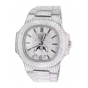 Diamond paved luxury wristwatch with <b>calendar</b> moon phase in stainless steel band on wrist in pocket casual style shot - Product Image 3