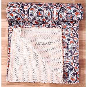 Couvre-lit Kantha indien fait main, 100% coton, imprimé à la main, motif floral, poids du tissu 220g, origine Rajasthan - Product Image 5