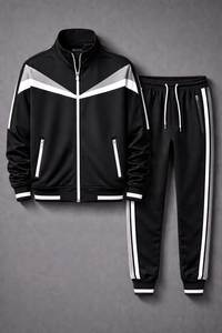 Men's Black Hooded Heavyweight Winter Tracksuit Set Full <b>Zip</b> <b>Jogger</b> Jacket and Side Stripe Pants Drawstring Casual Sportswear - Product Image 1