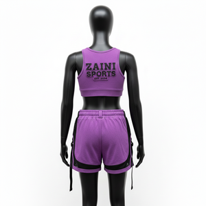 Ensemble shorty femme en coton, polyester et élasthanne GSM de qualité supérieure, avec empiècements en maille violet et noir, imprimé en relief et logo personnalisé - Product Image 2