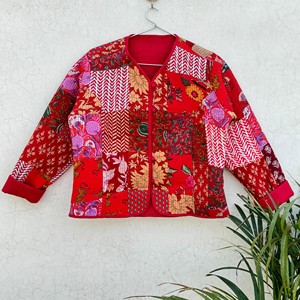 Women Quilted Cotton <b>Jacket</b> Patchwork Floral <b>Mandarin</b> <b>Collar</b> Three Quarter Sleeve Autumn Outerwear Quilted <b>Jacket</b> - Product Image 1