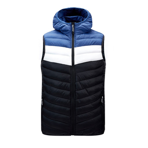 Hooded Men's Winter <b>Puffer</b> Vest Blue <b>White</b> Color Blocking Windproof Zipper Closure Casual Outdoor <b>Jacket</b> Thick Polyester Front - Product Image 2