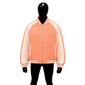 Blouson universitaire décontracté en laine pêche avec fermeture éclair frontale, doublure polaire, coupe régulière, col rabattable, style urbain, vente en gros - Product Image 1