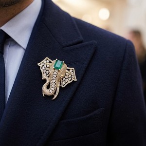 Broche de elefante con esmeraldas y diamantes de circonita en oro de moda, pin de solapa, joyería para mujer y hombre, para fiestas y vestidos. - Product Image 1