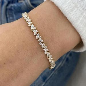 Marquise & Round Cut Diamond Tennis Bracelet <b>Solid</b> <b>Gold</b> Leaf Link Bracelet Elegant Bridal Jewelry Luxury Fine Wedding Bracelet - Product Image 1