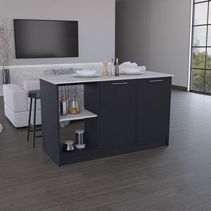 Black/Onyx Kitchen Island with Large Countertop Double Door Cabinet <b>Open</b> <b>Storage</b> Shelves - Product Image 1