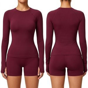 Vibrant Crimson Red Poly Training <b>Tops</b> Heavy Duty Long Sleeve Crew Neck High Elasticity Friction Free Workout <b>Tops</b> - Product Image 5