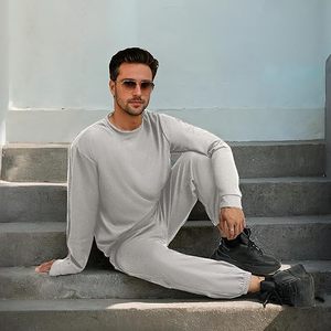 Survêtement en coton gris pour homme, sweat-shirt à col rond, pantalon de jogging, couleur unie, longueur intégrale, vêtements décontractés avec poches latérales, taille élastique - Product Image 6