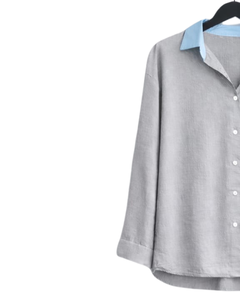 Ensemble deux pièces décontracté pour femme : chemise gris clair et pantalon gris foncé à jambes larges, en coton et lin, coupe ample, vêtements d'été, OEM - Product Image 3