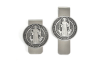 Pince à billets Saint Benoît ronde, cadeau religieux, motif gaufré, style classique, durable, cadeau pour l'église
