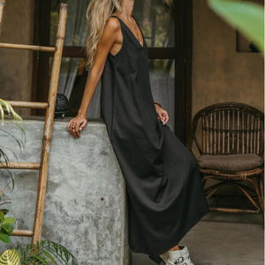 Robe longue bohème en satin noir, coton biologique, col en V, tenue d'été éthique, robe longue pour anniversaire, prix de gros - Product Image 2