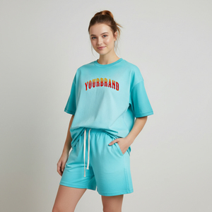 Conjunto de Dos Piezas para Mujer, Camiseta de Manga Corta y Pantalones Cortos, Corte Holgado Informal, Transpirable, 100% Algodón, Precios Bajos - Product Image 5