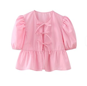 Blouses décontractées vintage pour femmes, col rond, manches longues, hauts à nouer avec nœud et volants, motif uni, tricotés, longueur midi, pour le printemps et l'été - Product Image 2