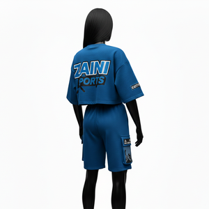 ชุดเสื้อยืดและกางเกงขาสั้นผ้าฝ้ายฟลีซคุณภาพสูงสำหรับผู้หญิง น้ำหนัก 240 กรัม ผ้าเรียบ สีน้ำเงิน รับสกรีนโลโก้ ชุดกีฬาสำหรับผู้หญิง - Product Image 5