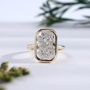 Elegant Gold Bezel Setting <b>Cushion</b> Cut Lab Grown Diamond Women's Luxury <b>Wedding</b> <b>Ring</b> Elongated Anniversary Solitaire Fine - Product Image 1