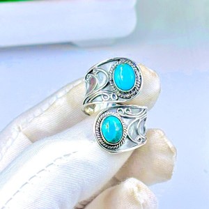 925 Sterling <b>Silver</b> Turquoise Bypass <b>Ring</b> Double Oval Gemstone Boho <b>Statement</b> Jewelry - Product Image 4