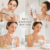 Kit de Soins de la Peau 4 Pièces OEM au Ferment de Riz : Tonique, Brume, Sérum, Crème Hydratante, Apaisante et Éclaircissante