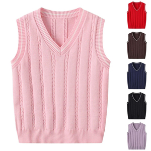 Pull-over à carreaux personnalisé avec logo scolaire pour garçons et filles, col en V rouge, sans manches, uniforme de rentrée scolaire - Product Image 1