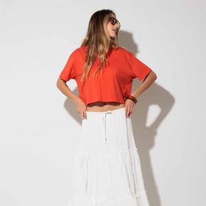 <b>Women</b> Crop Top Solid Color <b>Short</b> <b>Sleeve</b> O-Neck Loose Fit Casual T-<b>Shirt</b> Spring Summer Knitted Cotton Breathable <b>White</b> Long Skirt - Product Image 2