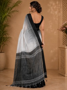 Sari en coton noir et blanc avec design réversible pour femmes, tenue de mariage traditionnelle, style Inde Pakistan Bollywood, sans plis - Product Image 4
