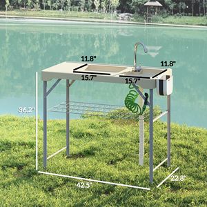 Portable <b>Folding</b> Fish Cleaning <b>Table</b> with Sinks Drawer Storage Drainage Hose Sprayer Shelf for Camping <b>Kitchen</b> - Product Image 2