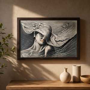 Cuadro de arte Lady Luck: Mujer con sombrero fluido y mariposas, retrato monocromático pintado a mano sobre lienzo, arte en carboncillo de la India - Product Image 1