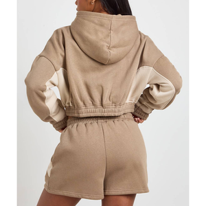 Ensemble short personnalisé OEM, impression numérique 3D, logo, sweat à capuche court zippé et pantalon de survêtement en molleton de coton à épaules tombantes, ensemble assorti haut et bas pour femme - Product Image 3