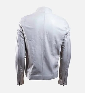 Men's <b>White</b> Motorcycle <b>Jacket</b> Stand Collar Zipper Closure Regular Sleeve Solid Color Autumn Style Slim Fit Windproof - Product Image 2