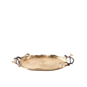 Plateau de service en métal doré de style élégant avec poignées décoratives à motif de feuille pour la décoration de la maison et comme centre de table - Prix promotionnel - Product Image 1