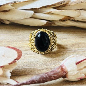 Anillo de Ónix Negro Grueso Favorito del Comprador, Chapado en Oro de 18k, Anillo de Latón con Filigrana Hecho a Mano, Estilo Bohemio, Ajustable, Venta al por Mayor - Product Image 1
