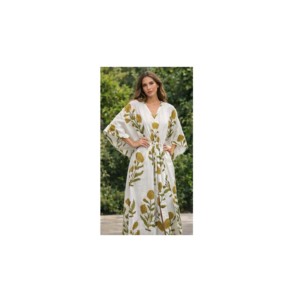 Floral Cotton Casual <b>Kaftan</b> Boho Tunic Dress <b>Plus</b> <b>Size</b> Indian Eco-Friendly Natural Waistline Loose Silhouette with Feathers - Product Image 5