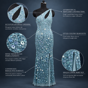 Asymmetrical <b>Sequin</b> Evening Dress One-Shoulder Keyhole Fitted Sheath | Blue Floor Length Side Slit Embellished Formal Party Gown - Product Image 5